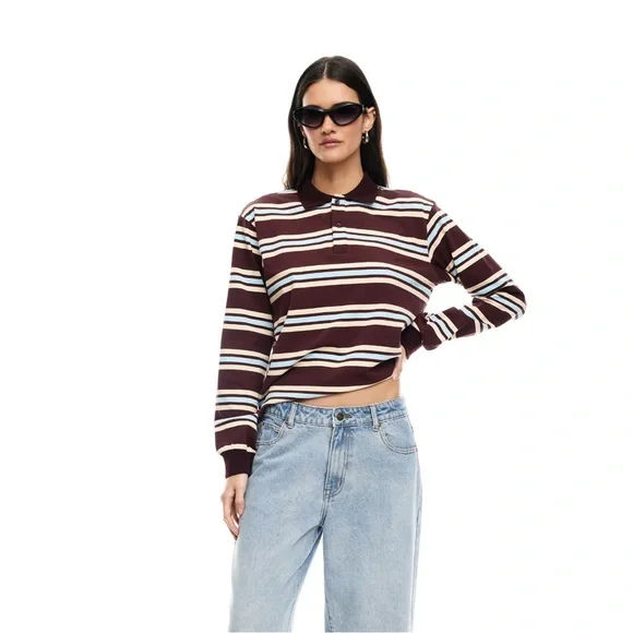 Lioness Burgundy Blue Striped Women's Rugby Top - Picture 2 of 7